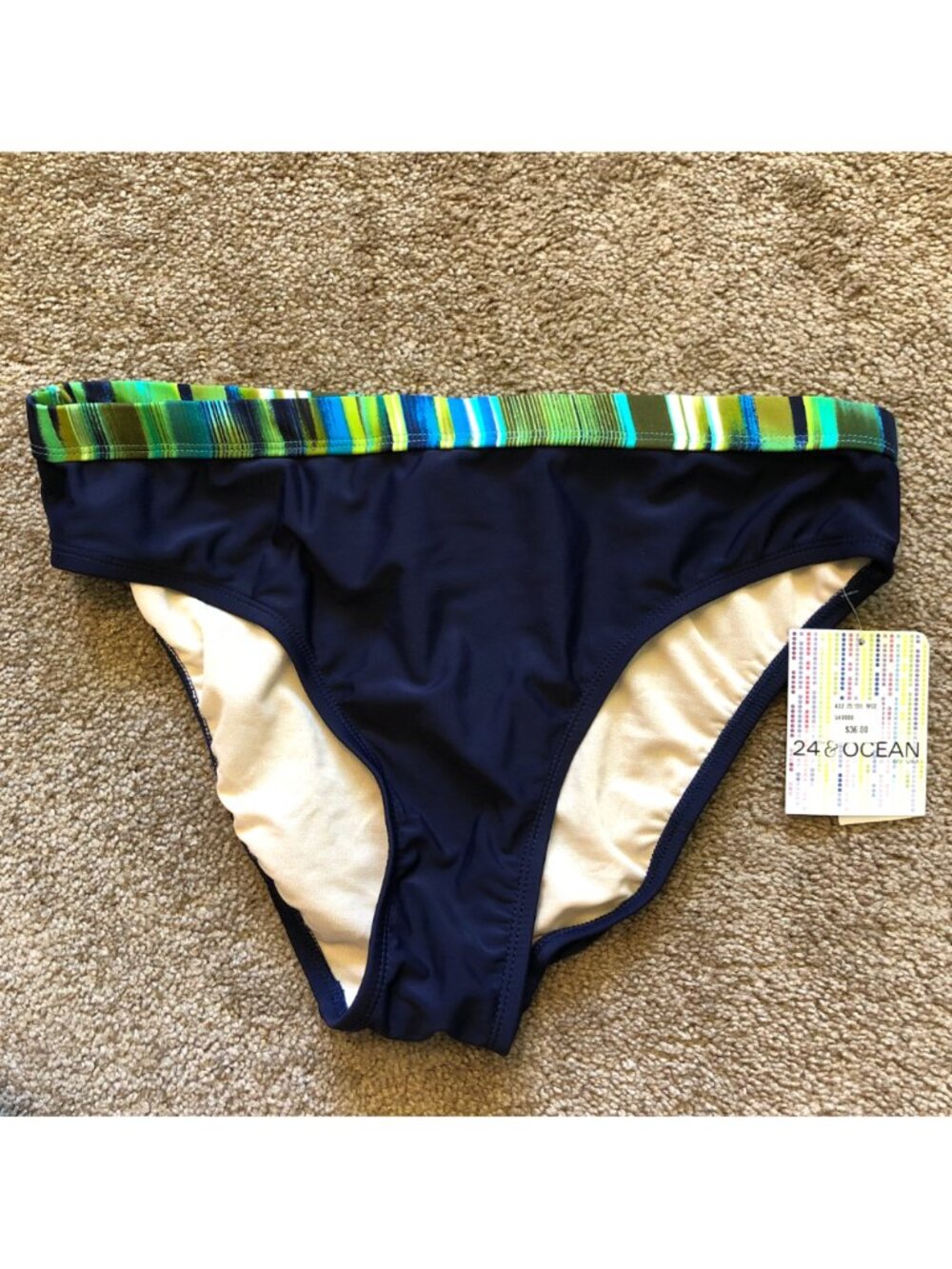 NEW NWT 24TH OCEAN Navy Blue Green Stripe High Waisted Waist Bikini Bottom Large